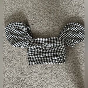 Short Puffy Sleeve Checkerboard Top